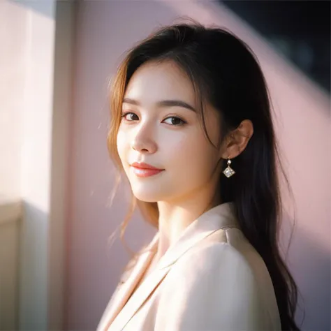 Studio light, Studio,1girl,solo,suits,Soft skin, skin texture,looking at viewer,smile, Glitter makeup , Random expression,The setting sun,side,KODAK Ektar 100,raw,8K,32K