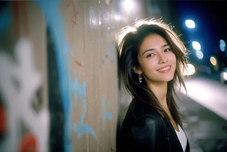 a woman leaning against a wall with graffiti on it's side and her hair in the air,smile,by night, Intricate light,rotate focus,lens_flare,light particles,Film texture,KODAK Ektar 100