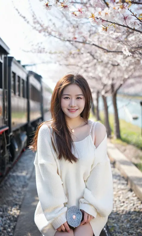 (full body:2),realistic, blurry background, blurry, depth of field,real world location,
<lora:Astia3:0.4>,<lora:maggieemi_XL_V2.3:0.7>, maggieemi,
1girl, solo, cute, young, beautiful detailed girl, realistic body, brown eyes,forehead,
long hair, brown hair, jewelry,
white sweater,
outdoors, day , sakura blossoms looking at viewer, grin, steam locomotive