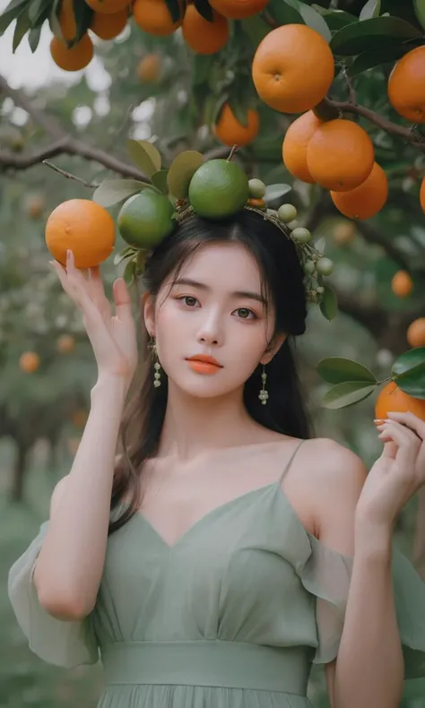 a woman in a green dress holding fruit on her head and a tree branch in her hand with oranges on it,in the style of cute and dreamy, light green, dark orange and light green, romanticized nature, snapshot aesthetic, fawncore, 32k uhd