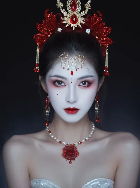 close-up,portrait,symmetry,red exaggerate makeup,glitter powder,Eerie beauty,weird smile,Chinese zombie,blood,jewelry,minimalist elegance,bare shoulders,high-definition fashion photography,high-end,ambiguous atmosphere,luminous and dreamlike scenes,light white and silver,romantic scenery,photo-realistic hyperbole,dark white and dark beige,Bright background,detailed depiction,Delicate face and costume details,cinematic lighting,chiaroscuro,hyperrealism,photography,HD Details,Detail Expression,Rich Details,