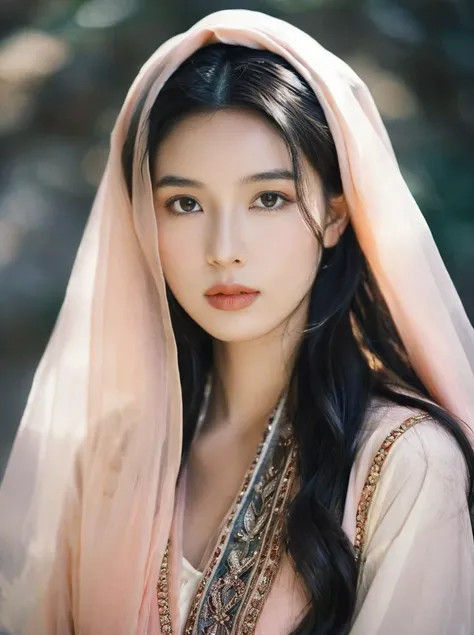 The image showcases a close-up portrait of a young woman with an ethereal appearance. She possesses long, dark hair that cascades down her shoulders and is adorned with what seems to be a sheer scarf or veil blending into the background. Her complexion is impeccable, complemented by subtle makeup featuring earthy tones on her eyelids and a soft peach hue on her lips. She rests her face gently in her hand, exuding serenity and poise.