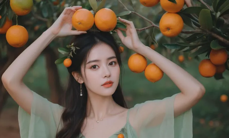 a woman in a green dress holding fruit on her head and a tree branch in her hand with oranges on it,in the style of cute and dreamy, light green, dark orange and light green, romanticized nature, snapshot aesthetic, fawncore, 32k uhd