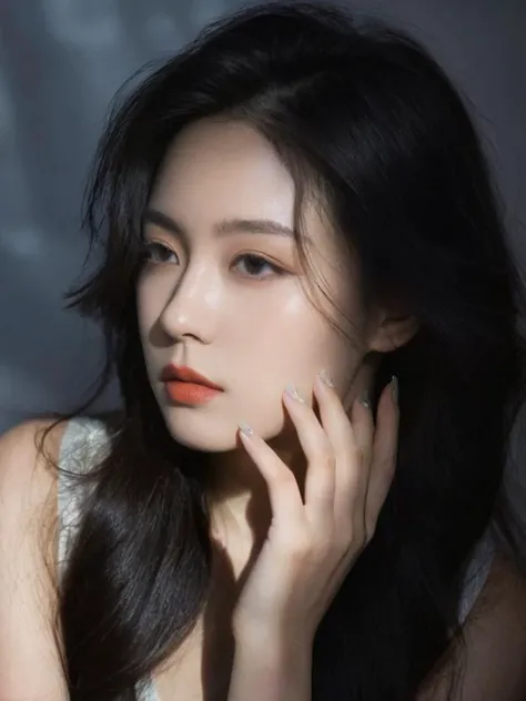 The image showcases a woman with long, dark hair that cascades down her shoulders. She possesses an ethereal beauty, accentuated by the play of light and shadow on her face. Her fingers, adorned with delicate nail polish, gently rest near her chin, evoking a sense of contemplation. The backdrop is dimly lit, allowing her features to stand out prominently. Overall, the photograph exudes a mood of introspection and allure.