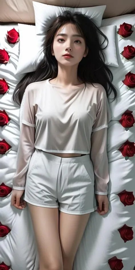 (best quality, masterpiece:1.2),8k,realistic photoshop,photograph,from above,
light,bed background,Lie flat,Woman,tall,Delicate features,full body,Mature body,red rose,nude,White socks,