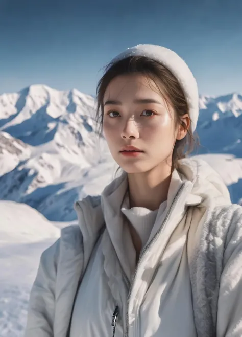 masterpiece,(best quality:1.3),ultra high res,raw photo,detailed skin,style: realistic pictures,
1girl,chilly nature documentary film photography,snow mountain environment,natural light,a clear face,minor acne,