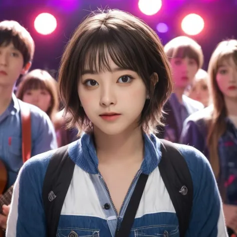 best quality, ultra high res, (photorealistic:1.4), masterpiece, Concert background,1girl,detailed eyes,hair decoration,trendy expression,jacket,top,pants,(style:1.5),standing,On stage,Play the guitar,sing(looking at viewer),   <lora:kwFemaleBeta15_SDXL_v1-000008:1>