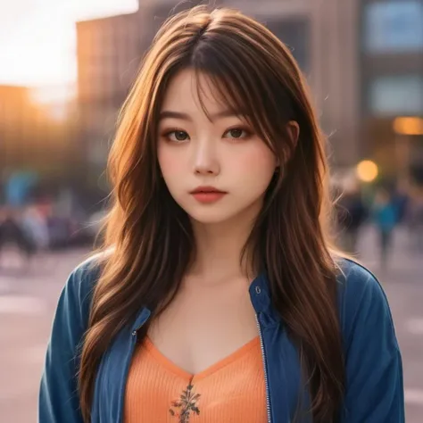 (RAW photo, best quality), (realistic, photo-realistic:1.30),girly,solo,1girl,detailed eyes,hair decoration,trendy expression,jacket,top,pants,(style:1.5),outdoors,mall,clothes,detailed background,(blue and orange tone impression:1.3), soft lighting,gorgeous light and shadow ,stunning environment, hyperdetailed, (aestheticism), ethereal, golden hour,  <lora:kwFemaleBeta15_SDXL_v1-000008:1>