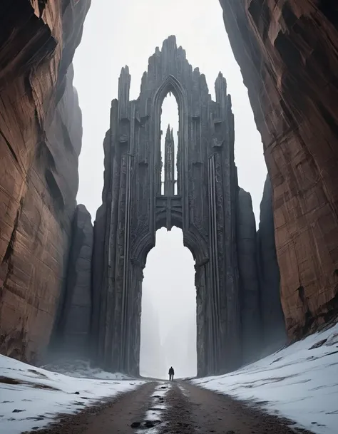 a massive, gothic gate looming ominously, seemingly carved directly into a sheer cliff face, ethereal, otherworldly light seeps from the countless cracks and crevices, casting an eerie glow upon the desolate landscape of jagged rocks and bleak skies that surround it, <lora:marcXL:0.8>