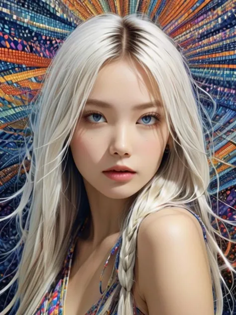 young women, white long straight hair,indigo eye, Wind, crystal, intricate background, extremely detailed, (fractal art:1.2), colorful, (zentangle:1.2), (abstract background:1.5), (many colors:1.4), pixelated fragments, data corruption, colorful noise, visual chaos, contemporary aesthetics