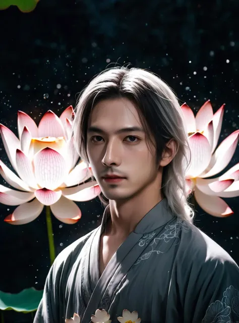 (best quality),(photo-realistic:1),realistic skin texture,bokeh,face focus,looking at viewer,from below,1man,male,long hair,white hair,full_body,slim body,upper body,Song Dynasty,gorgeous,Chinese hanfu,long sleeve,(floating Lotus:1.5),((((Lotus, Ice and Fire Lotus, Glowing Lotus))))
