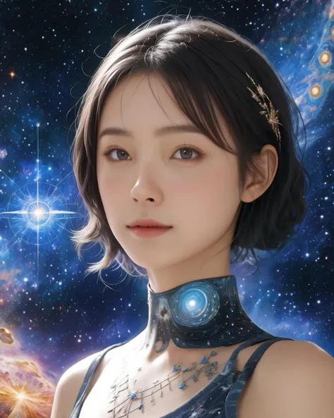 solo, upper body, looking at viewer, detailed background, detailed face, (glowing eyes:1.05), living star constellation, star sign, at peace, mythical, esoteric patterns, interstellar power, nebula, bloom, metaphysics, reincarnation, cosmic dust, cosmic space background, surreal esoteric atmosphere