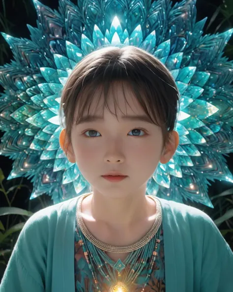 (masterpiece:1.1), (highest quality:1.1), (HDR:1.0), reflections, aboriginal art, (detailed), (8k), (cinematic lighting), (sharp focus), (intricate),( studio Ghibli:1.3) bright light colours colorful, cinematic lighting, moon, night, cinematic lighting, fantasy background, dynamic angle, face focus, extremely detailed, (abstract background, zentangle, fractal art:1.3), (many colors, colorful:1.1), (crystals:1.3), dynamic pose, looking at viewer, (transparent glowing cute male baby looking through refracted crystal facets :1.1) spirit cave, bright beautiful clouds, ethereal , (sparkling giant teal and tan quartz crystal points, clusters:1.1), (highly detailed deep sparkling happy eyes:1.0) , detailed, realistic, 8k uhd, high quality