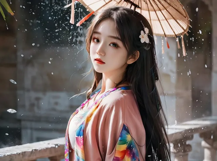 (masterpiece, best quality), (photorealistic, ultra realistic 8k CG), raw photo, photo:1.5, realistic:1.5, photorealistic:1.5, ultra highres, 8k, texture skin, realistic skin, detailed skin, extremely detailed, 8k wallpaper,
dramatic angle,(fluttered detailed ink splashs), (illustration),(((1 girl))),(long hair),(rain:0.6),(expressionless ,hair ornament:1.4),there is an ancient palace beside the girl,chinese clothes,(focus on), color Ink wash painting,(ink splashing),color splashing,((colorful)),
<lora:Neg4all_V7:1>