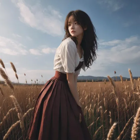 a historic young beautiful character, wearing a crop top with short skirt, looking at viewer, maroon cream black vintage, sunset, soft body, flowing hair, wild flowers, the start of spring, Shadow play, top view, light, mist, moody, glossy brown hair, earthy, vivid, red, purple, blue, cinematic, Film light, Hyper detailed, Hyper realistic, masterpiece, atmospheric, High resolution, Vibrant, High contrast, dark angle, art by Koos Roos, 8k, HDR, 500px