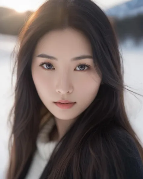 Depth of field, blurring,(Asian:0.5),raw photo,woman,black hair,black eyes,Beautiful detail eyes,chilly nature documentary film photography,snow mountain environment,(natural light:1.2),a clear face,minor acne,(high resolution detail of human skin texture:1.4,rough skin:1.2),(portrait, :1.8),(indirect lighting),(sun),