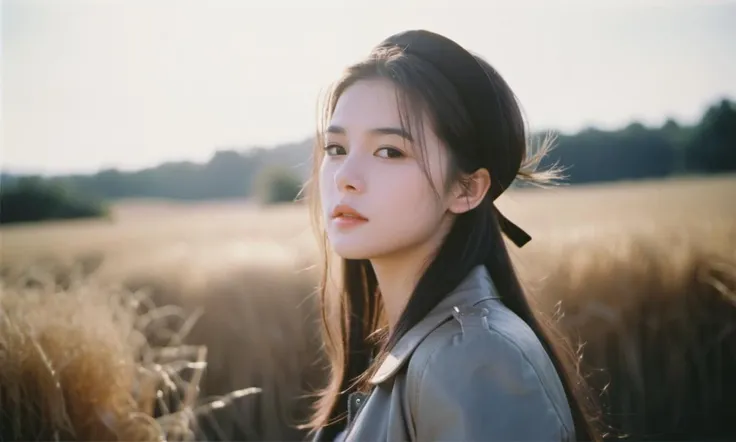 from side,1girl, solo,realistic,Black headband,jacket, Golden straw, cloud,lens_flare,Natural light,portrait,Grey Film filter,(KODAK Ektar 100:1.2)