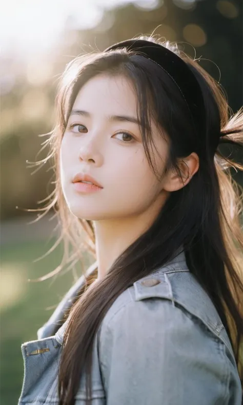 from side,1girl, solo,realistic,jacket,black hair,black headband,Unruly hair,Golden straw, cloud,lens_flare,Natural light,portrait,Grey Film filter,(KODAK Ektar 100:1.2)