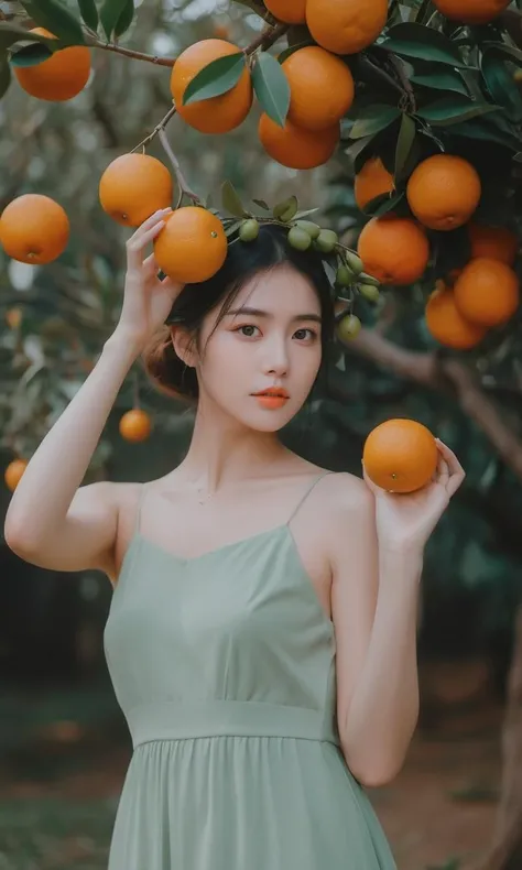 a woman in a green dress holding fruit on her head and a tree branch in her hand with oranges on it,in the style of cute and dreamy, light green, dark orange and light green, romanticized nature, snapshot aesthetic, fawncore, 32k uhd