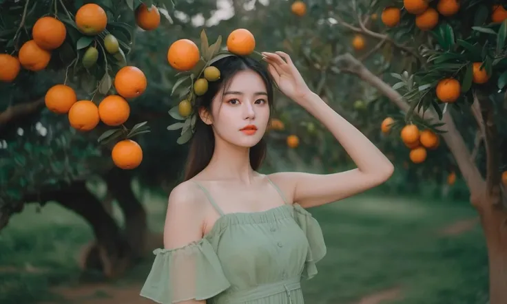 a woman in a green dress holding fruit on her head and a tree branch in her hand with oranges on it,in the style of cute and dreamy, light green, dark orange and light green, romanticized nature, snapshot aesthetic, fawncore, 32k uhd