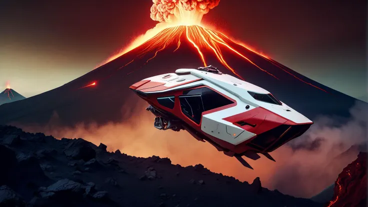 red and white science fiction hovering civilian hover bike hovering above magma in front of an erupting volcano, science fiction, cinematic lighting, night time, volumetric light, imax, dslr, highly detailed, volumetric fog, dystopian vibes, dutch angle, cinematic angle