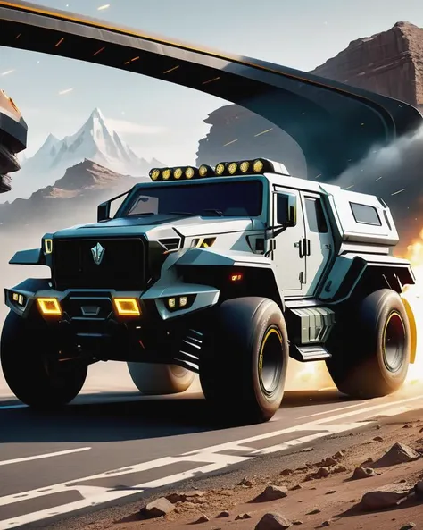 ((best quality)), ((masterpiece)), ((realistic,digital art)), (hyper detailed),  military  vehicle, Huge Quantum Traveler,  Bifocal Windows, Cornering Function Lights,   Glass, Eccentric, Pearl White, , scifi, tech,, octane rendering, raytracing, volumetric lighting, Backlit,Rim Lighting, 8K, HDR <lora:add-detail-xl:2.0> <lora:scifi-vehicles:1>