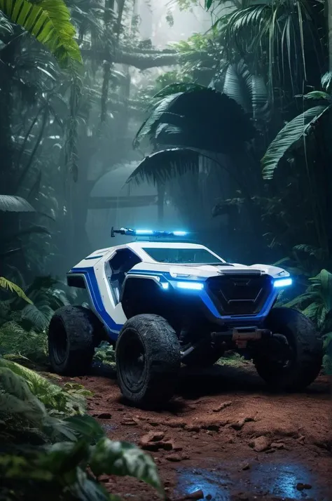 white and blue science fiction ground industrial police car in a lush jungle, science fiction, cinematic lighting, night time, volumetric light, imax, dslr, highly detailed, volumetric fog, dystopian vibes, dutch angle, cinematic angle
<lora:scifi-vehicles:0.8> SCIENCE FICTION, VEHICLE, (ground | hovering | military),