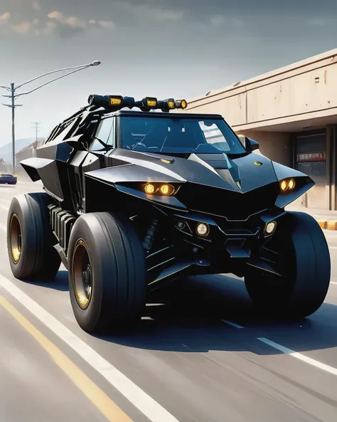 ((best quality)), ((masterpiece)), ((realistic,digital art)), (hyper detailed), military vehicle, Tumbler (The Dark Knight), Convertible Roof, Curved Windshield, Adaptive Headlights, Brass, Multifunctional, , scifi, tech,, octane rendering, raytracing, volumetric lighting, Backlit,Rim Lighting, 8K, HDR <lora:add-detail-xl:2.0> <lora:scifi-vehicles:1>