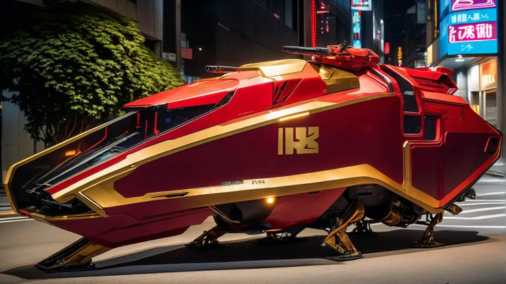 red and gold science fiction cybertank military hoverbike parked in shinjuku, science fiction, cinematic lighting, night time, volumetric light, imax, dslr, highly detailed, volumetric fog, dystopian vibes, dutch angle, cinematic angle
