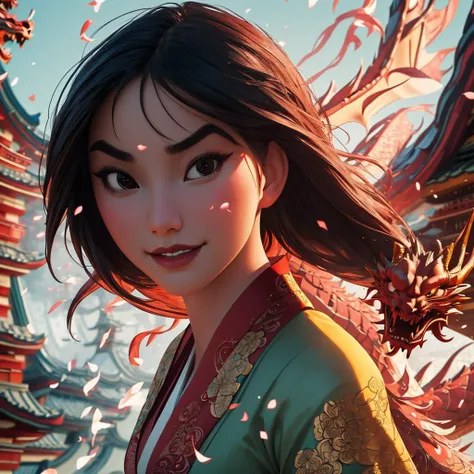 (masterpiece:1.2), (best quality), (ultra detailed), (8k, 4k, intricate),(full-body-shot:1), (highly detailed:1.2),(detailed face:1.2), (detailed background),detailed landscape, (dynamic pose:1.2), mulan, 1girl, solo, long hair, looking at viewer, upper body, japanese clothes, kimono, black eyes, sash, obi, one red dragon_real, <lora:20230525122544:.9> <lora:mulan:0.8>