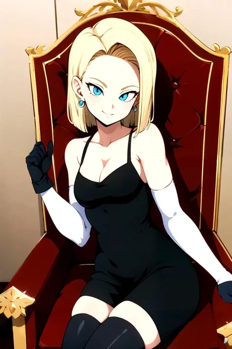 android18, 1girl, solo, breasts, looking at viewer, smile, short hair, closed mouth, blue eyes, blonde hair, medium breasts, dress, bare_shoulders, jewelry, sitting, head rest, arm_support, thighs, earrings, indoors, strap skin tight black dress, sleeveless, collarbone, throne, (perfect eyes),