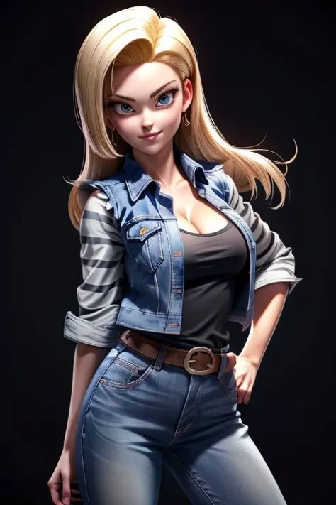 (masterpiece), hdr, proud mood, sexy pose,  deep cleavage, 
android18, blond hair, black t-shirt , white and black stripes sleeves, blue jean sleeveless jacket,  long sleeves,
<lora:add_detail:1> <lora:android_18_v110:0.6>
black background,  dim light,  looking at viewer, anime effect,