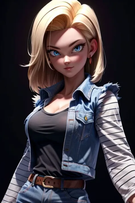 (masterpiece), hdr, proud mood, sexy pose,  deep cleavage, 
android18, blond hair, black t-shirt , white and black stripes sleeves, blue jean sleeveless jacket,  long sleeves,
<lora:add_detail:1> <lora:android_18_v110:0.6>
black background,  dim light,  looking at viewer, ki effect, aura effect,