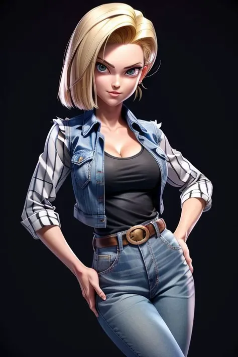 (masterpiece), hdr, proud mood, sexy pose,  deep cleavage, 
android18, blond hair, black t-shirt , white and black stripes sleeves, blue jean sleeveless jacket,  long sleeves,
<lora:add_detail:1> <lora:android_18_v110:0.6>
black background,  dim light,  looking at viewer, anime effect,