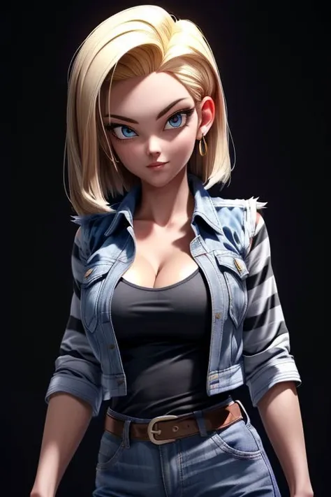 (masterpiece), hdr, proud mood, sexy pose, deep cleavage,
android18, blond hair, black t-shirt , white and black stripes sleeves, blue jean sleeveless jacket, long sleeves,
<lora:add_detail:1> <lora:android_18_v110:0.6>
black background, dim light, looking at viewer, ki effect, aura effect,