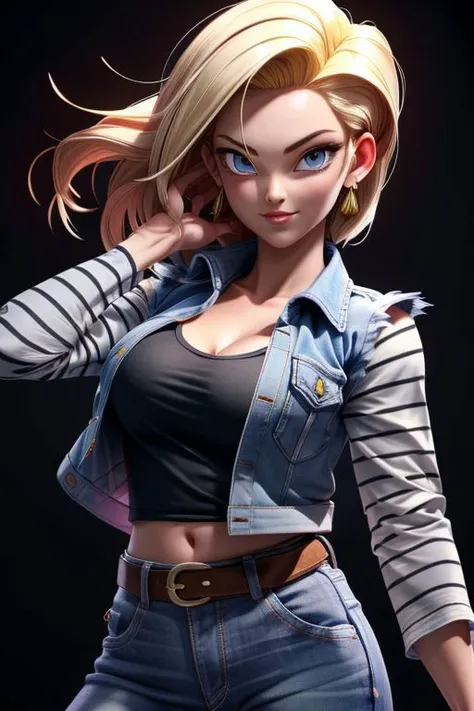 (masterpiece), hdr, proud mood, sexy pose,  deep cleavage, 
android18, blond hair, black t-shirt , white and black stripes sleeves, blue jean sleeveless jacket,  long sleeves,
<lora:add_detail:1> <lora:android_18_v110:0.6>
black background,  dim light,  looking at viewer, ki effect, aura effect,