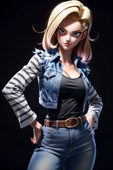 (masterpiece), hdr, proud mood, sexy pose, deep cleavage,
android18, blond hair, black t-shirt , white and black stripes sleeves, blue jean sleeveless jacket, long sleeves,
<lora:add_detail:1> <lora:android_18_v110:0.6>
black background, dim light, looking at viewer, ki effect, aura effect,
