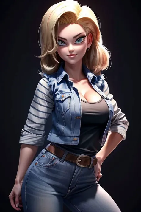 (masterpiece), hdr, proud mood, sexy pose,  deep cleavage, 
android18, blond hair, black t-shirt , white and black stripes sleeves, blue jean sleeveless jacket,  long sleeves,
<lora:add_detail:1> <lora:android_18_v110:0.6>
black background,  dim light,  looking at viewer, ki effect,