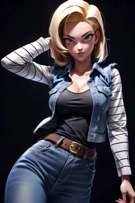 (masterpiece), hdr, proud mood, sexy pose, deep cleavage,
android18, blond hair, black t-shirt , white and black stripes sleeves, blue jean sleeveless jacket, long sleeves,
<lora:add_detail:1> <lora:android_18_v110:0.6>
black background, dim light, looking at viewer, ki effect, aura effect,