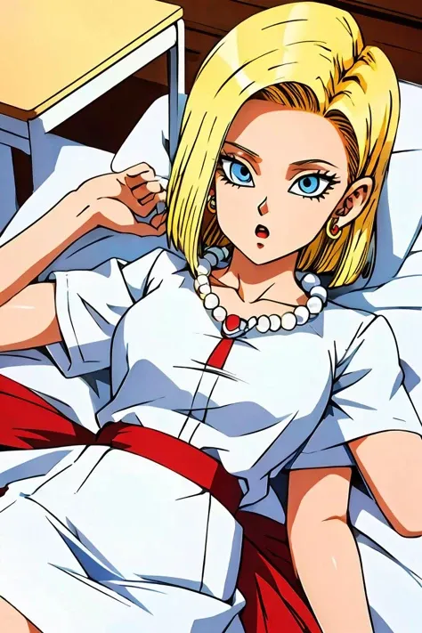 (masterpiece, best quality), 1girl,   <lora:Android 18 - [Dragon Ball] - Version 2:1> android18, solo, long_hair, looking_at_viewer, short_hair, open_mouth, blue_eyes, blonde_hair, shirt, jewelry, collarbone, white_shirt, earrings, lying, parted_lips, on_back, necklace, :o, eyelashes, expressionless, bead_necklace, pearl_necklace, skirt, bed, office_suit