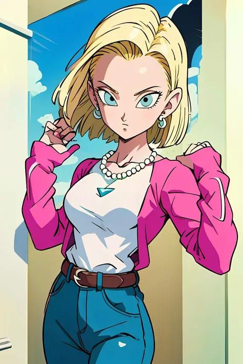 (masterpiece, best quality), 1girl,   <lora:Android 18 - [Dragon Ball] - Version 1:1> android18, blue_eyes, blonde_hair, shirt, long_sleeves, jewelry, medium_breasts, earrings, belt, pants, necklace, denim, casual, jeans, bead_necklace, pearl_necklace