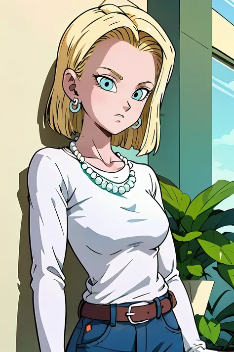 (masterpiece, best quality), 1girl,   <lora:Android 18 - [Dragon Ball] - Version 1:1> android18, blue_eyes, blonde_hair, shirt, long_sleeves, jewelry, medium_breasts, earrings, belt, pants, necklace, denim, casual, jeans, bead_necklace, pearl_necklace