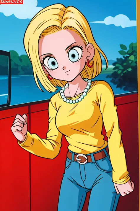 (masterpiece, best quality), 1girl,   <lora:Android 18 - [Dragon Ball] - Version 1:1> android18, blue_eyes, blonde_hair, shirt, long_sleeves, jewelry, medium_breasts, earrings, belt, pants, necklace, denim, casual, jeans, bead_necklace, pearl_necklace