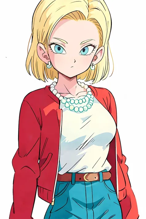(masterpiece, best quality), 1girl,   <lora:Android 18 - [Dragon Ball] - Version 1:1> android18, blue_eyes, blonde_hair, shirt, long_sleeves, jewelry, medium_breasts, earrings, belt, pants, necklace, denim, casual, jeans, bead_necklace, pearl_necklace