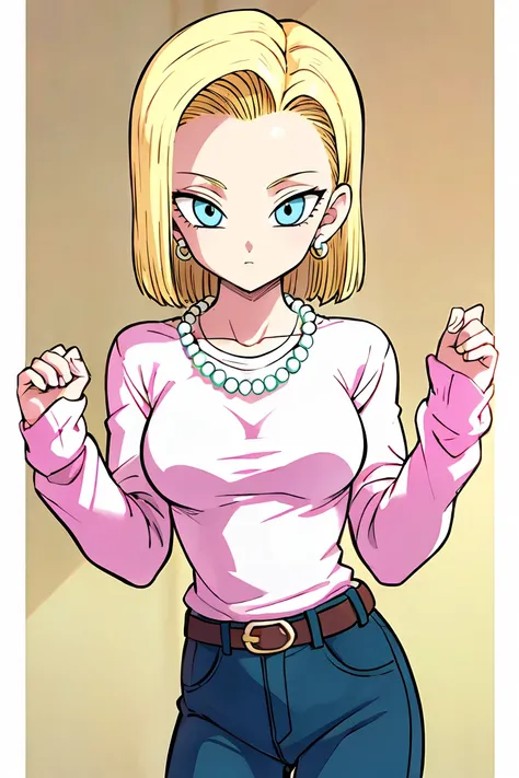 (masterpiece, best quality), 1girl,   <lora:Android 18 - [Dragon Ball] - Version 1:1> android18, blue_eyes, blonde_hair, shirt, long_sleeves, jewelry, medium_breasts, earrings, belt, pants, necklace, denim, casual, jeans, bead_necklace, pearl_necklace