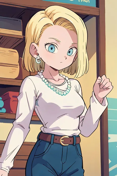 (masterpiece, best quality), 1girl,   <lora:Android 18 - [Dragon Ball] - Version 1:1> android18, blue_eyes, blonde_hair, shirt, long_sleeves, jewelry, medium_breasts, earrings, belt, pants, necklace, denim, casual, jeans, bead_necklace, pearl_necklace