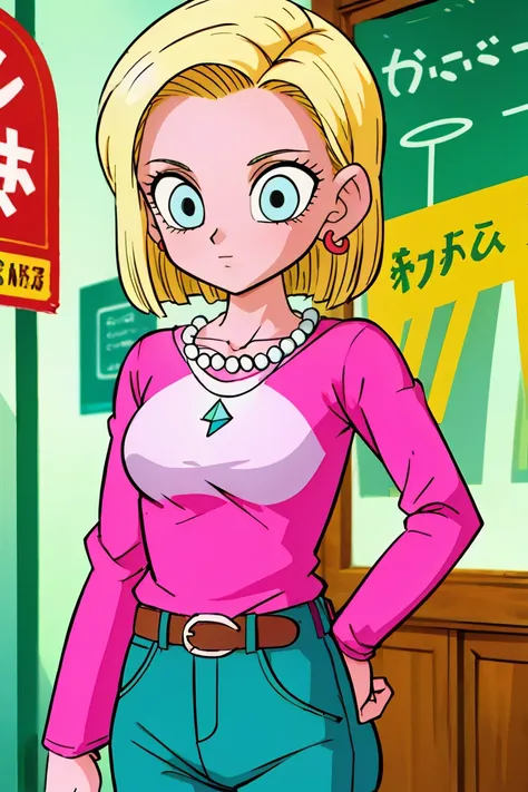 (masterpiece, best quality), 1girl,   <lora:Android 18 - [Dragon Ball] - Version 1:1> android18, blue_eyes, blonde_hair, shirt, long_sleeves, jewelry, medium_breasts, earrings, belt, pants, necklace, denim, casual, jeans, bead_necklace, pearl_necklace