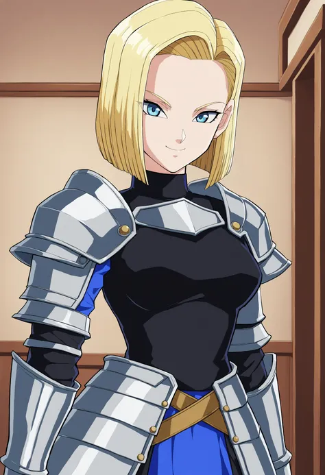 sysdeep_android18, 1girl, solo, breasts, looking_at_viewer, smile, short_hair, blue_eyes, blonde_hair, knight_armor, indoor, <lora:Android 18 - [Dragonball] - XL Version 1:0.8>