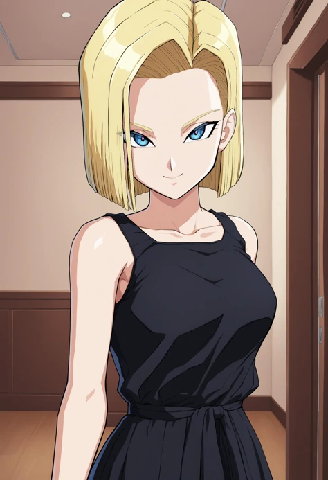sysdeep_android18, 1girl, solo, breasts, looking_at_viewer, smile, short_hair, blue_eyes, blonde_hair, black_dress, indoor, <lora:Android 18 - [Dragonball] - XL Version 1:0.8>