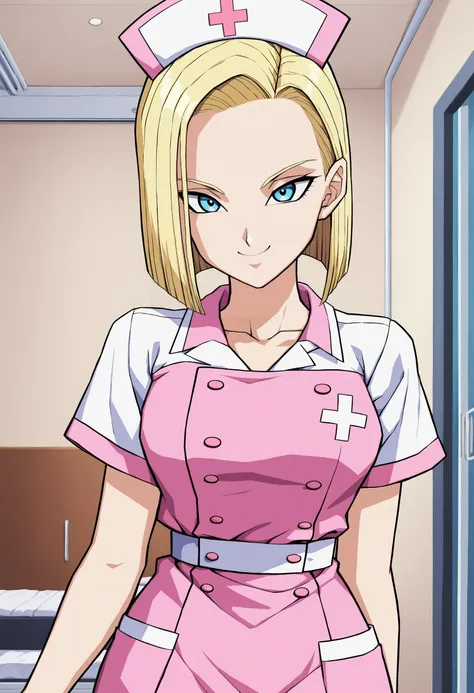 sysdeep_android18, 1girl, solo, breasts, looking_at_viewer, smile, short_hair, blue_eyes, blonde_hair, nurse_outfit, indoor, <lora:Android 18 - [Dragonball] - XL Version 1:0.8>